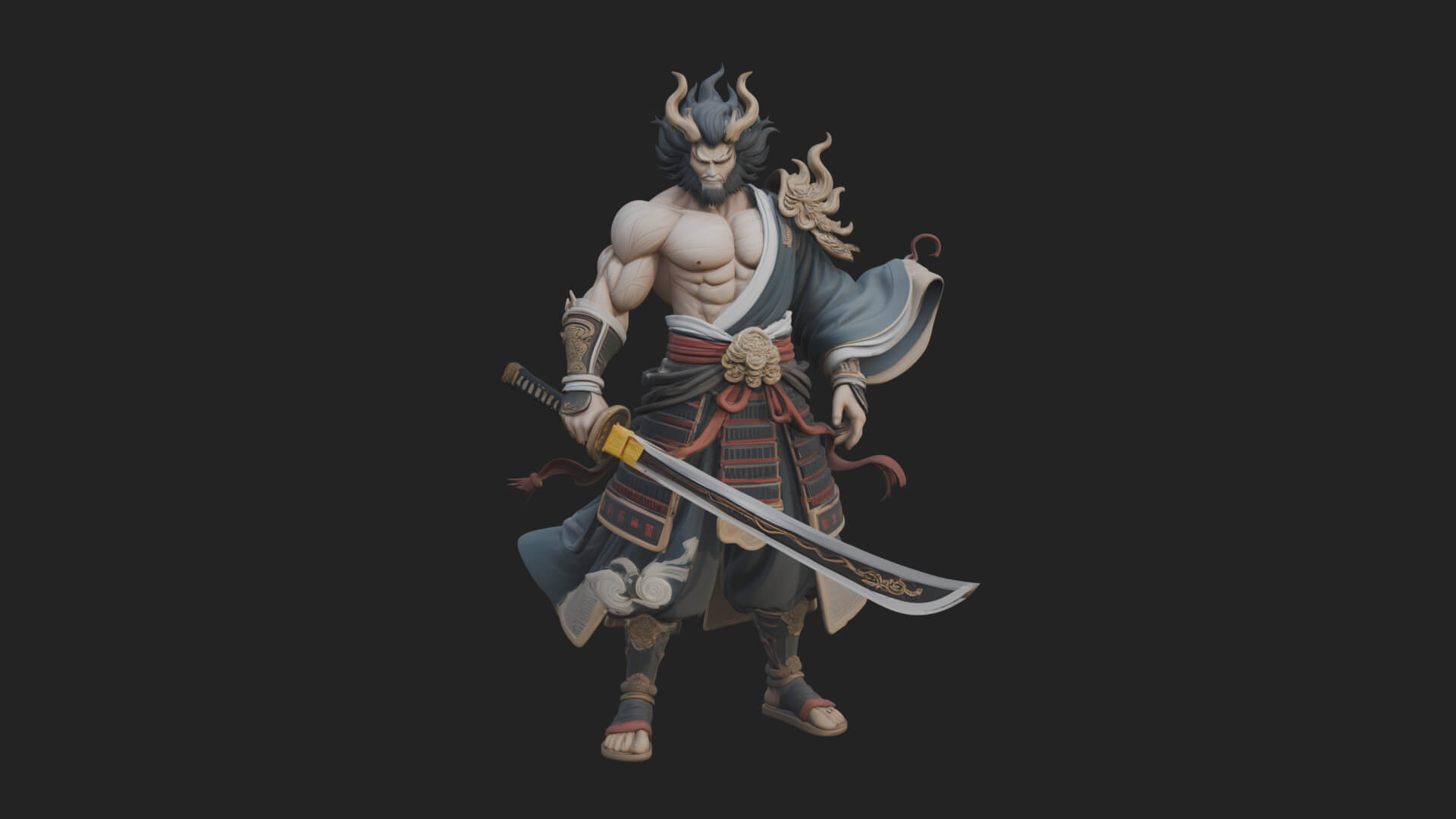 Horned Oni Samurai Statue Design 3 3D Print Model 3D Model