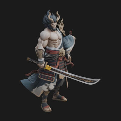 Horned Oni Samurai Statue Design 3 3D Print Model