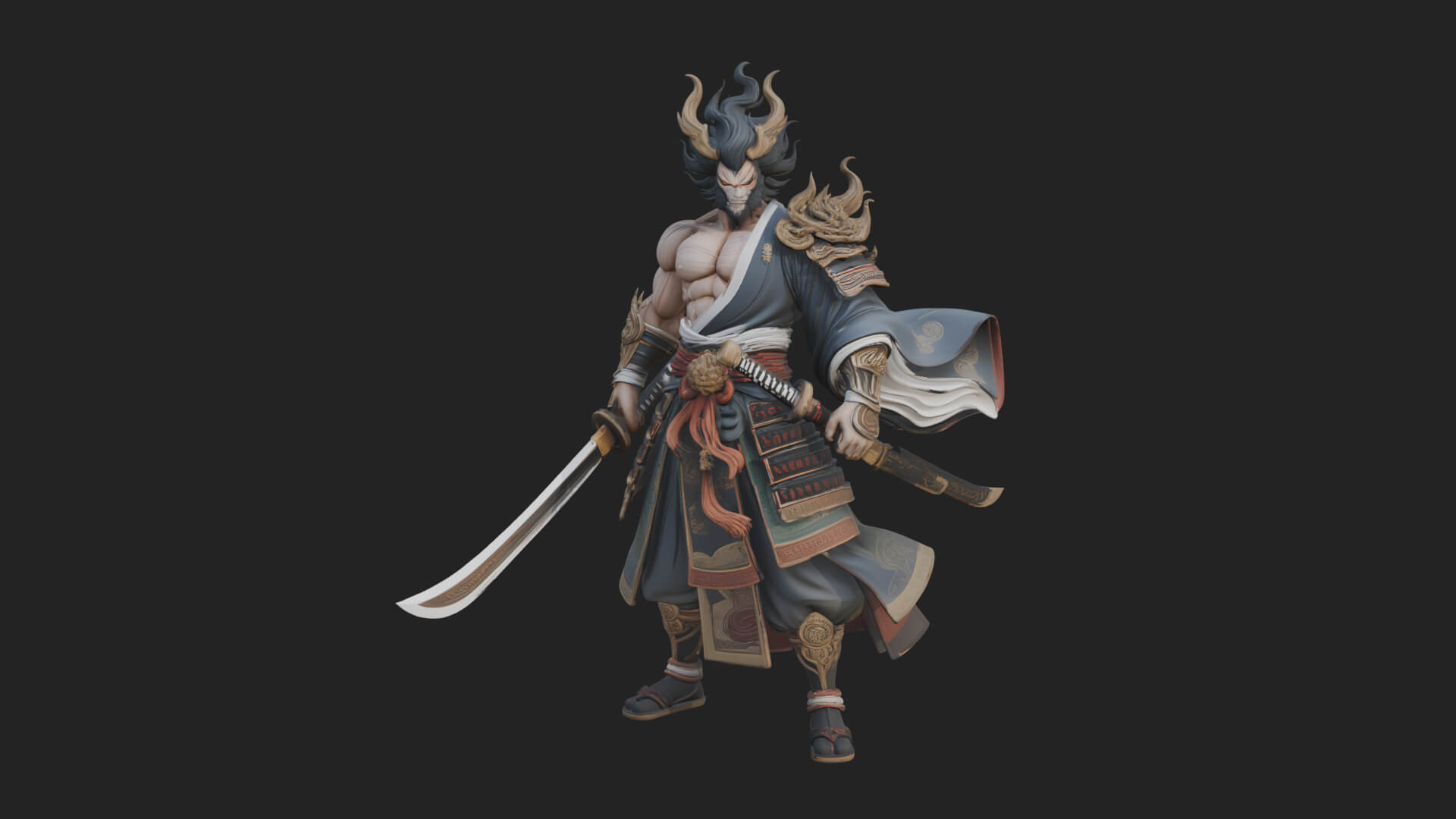 Horned Oni Samurai Statue Design 4 3D Print Model 3D Model