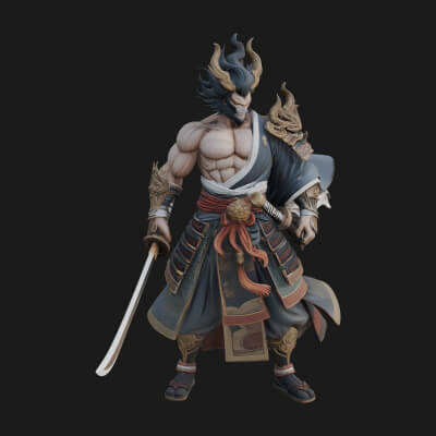 Horned Oni Samurai Statue Design 4 3D Print Model