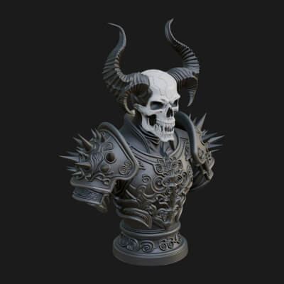Horned Skull Skeleton Bust Statue Design 5 3D Print Model
