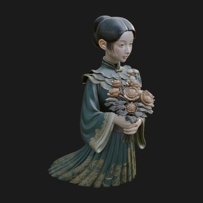 Lady with Flower Basket Statue Design 7 3D Print Model