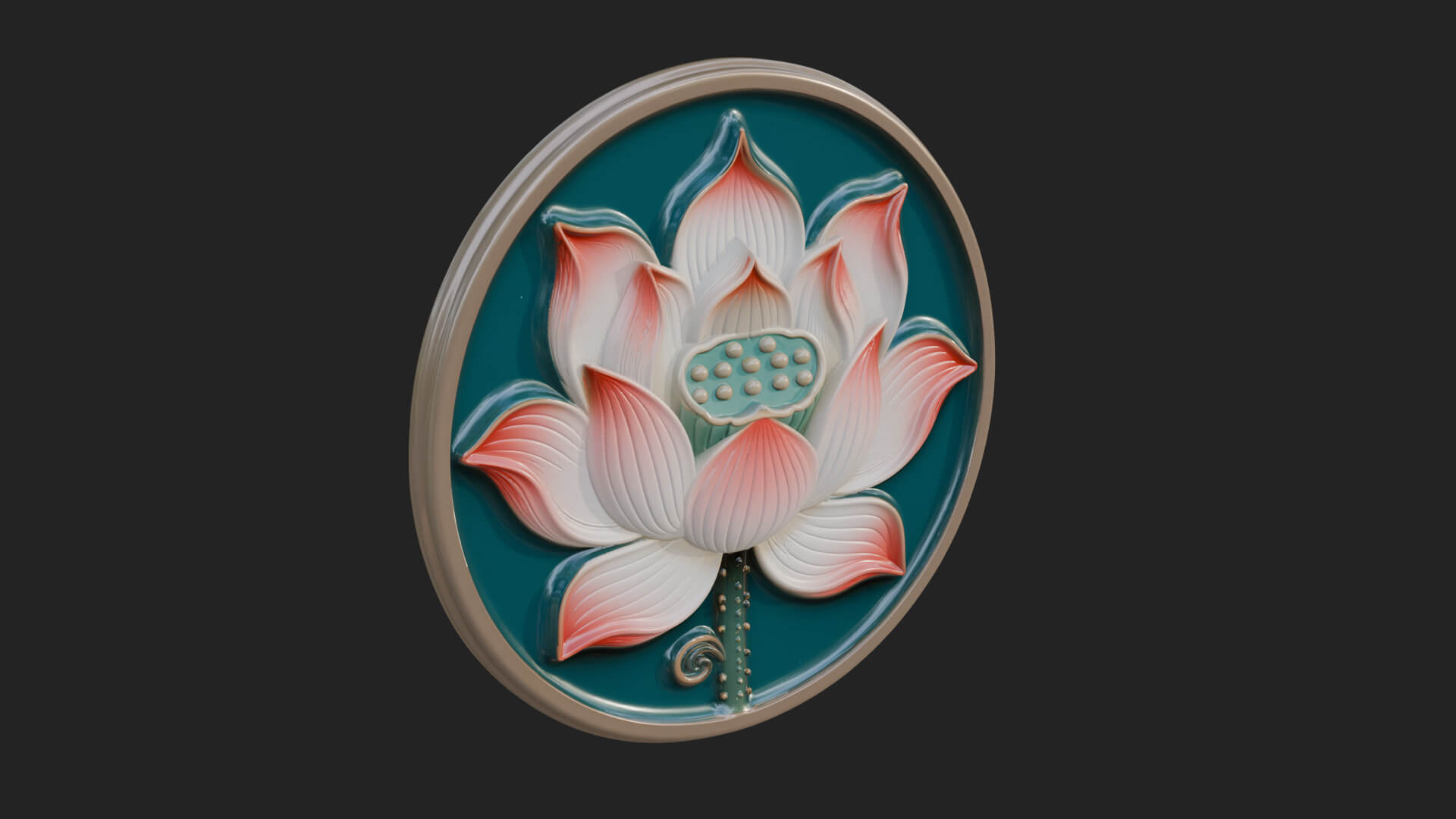 Lotus Bloom Oval Relief Plaque Design 10 3D Print Model 3D Model