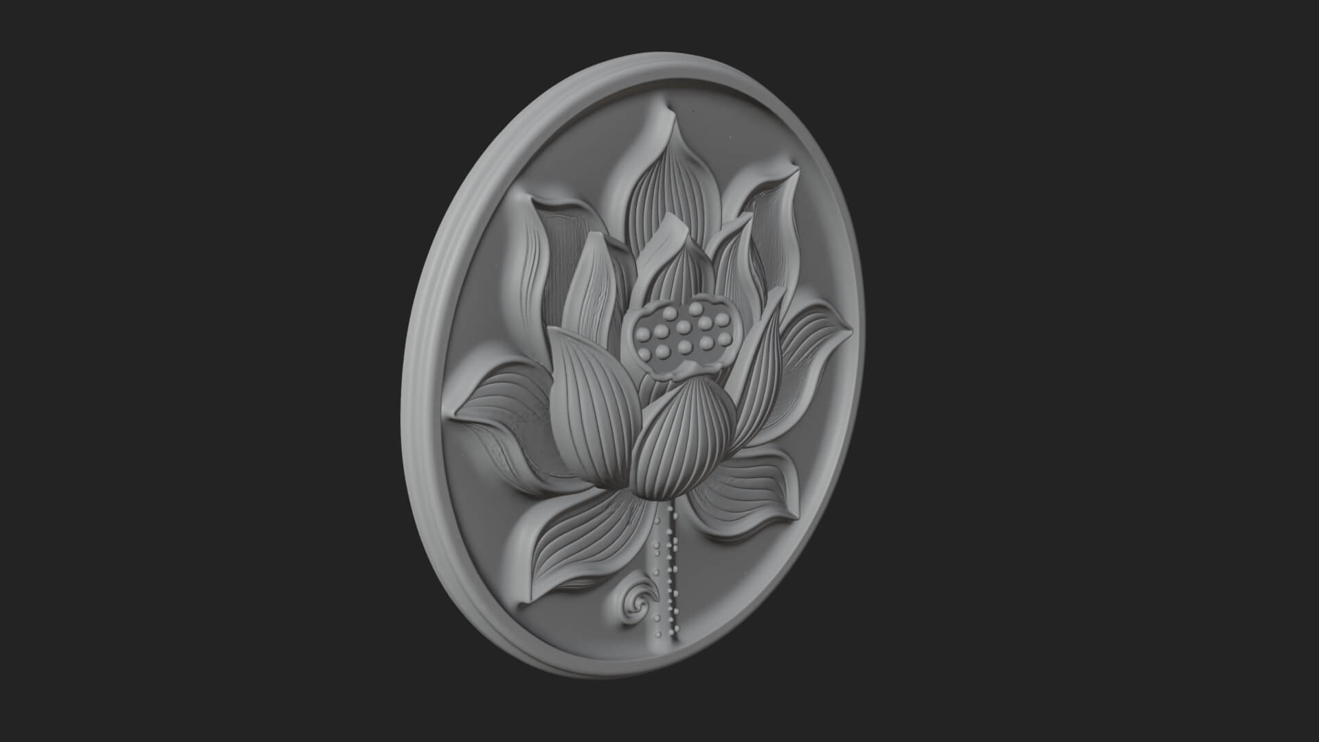 Lotus Bloom Oval Relief Plaque Design 10 3D Print Model 3D Model
