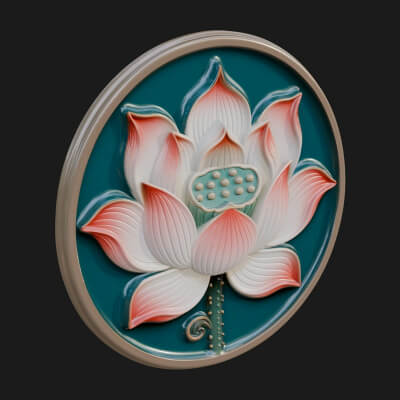 Lotus Bloom Oval Relief Plaque Design 10 3D Print Model