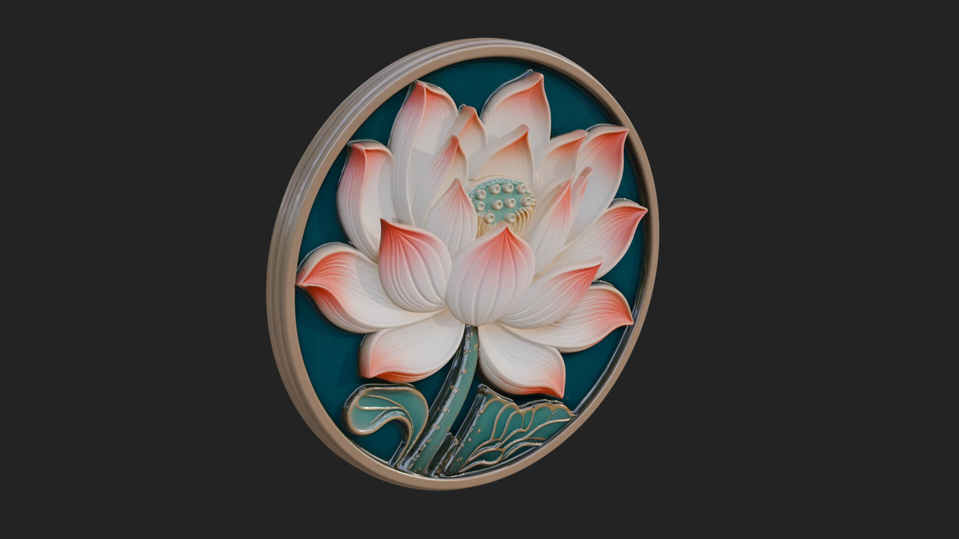 Lotus Bloom Oval Relief Plaque Design 11 3D Print Model 3D Model