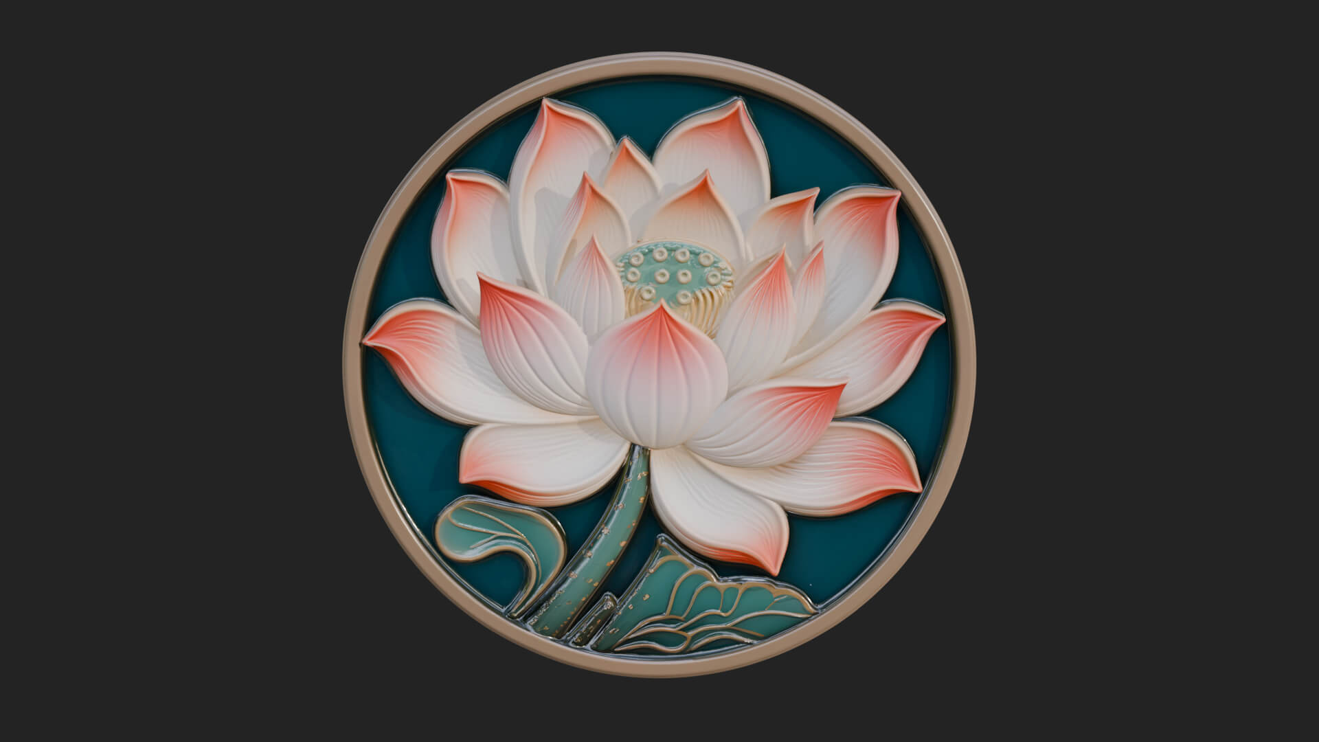 Lotus Bloom Oval Relief Plaque Design 11 3D Print Model 3D Model