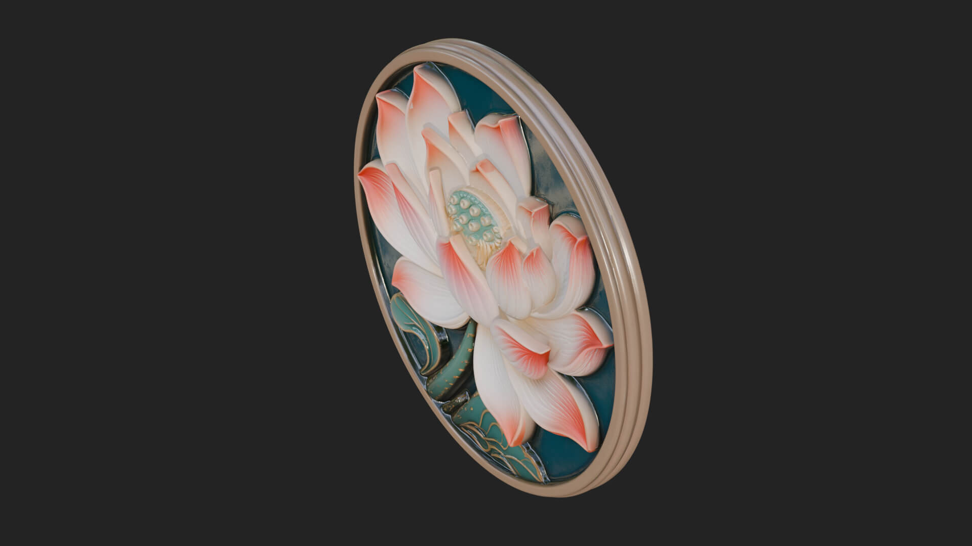 Lotus Bloom Oval Relief Plaque Design 11 3D Print Model 3D Model
