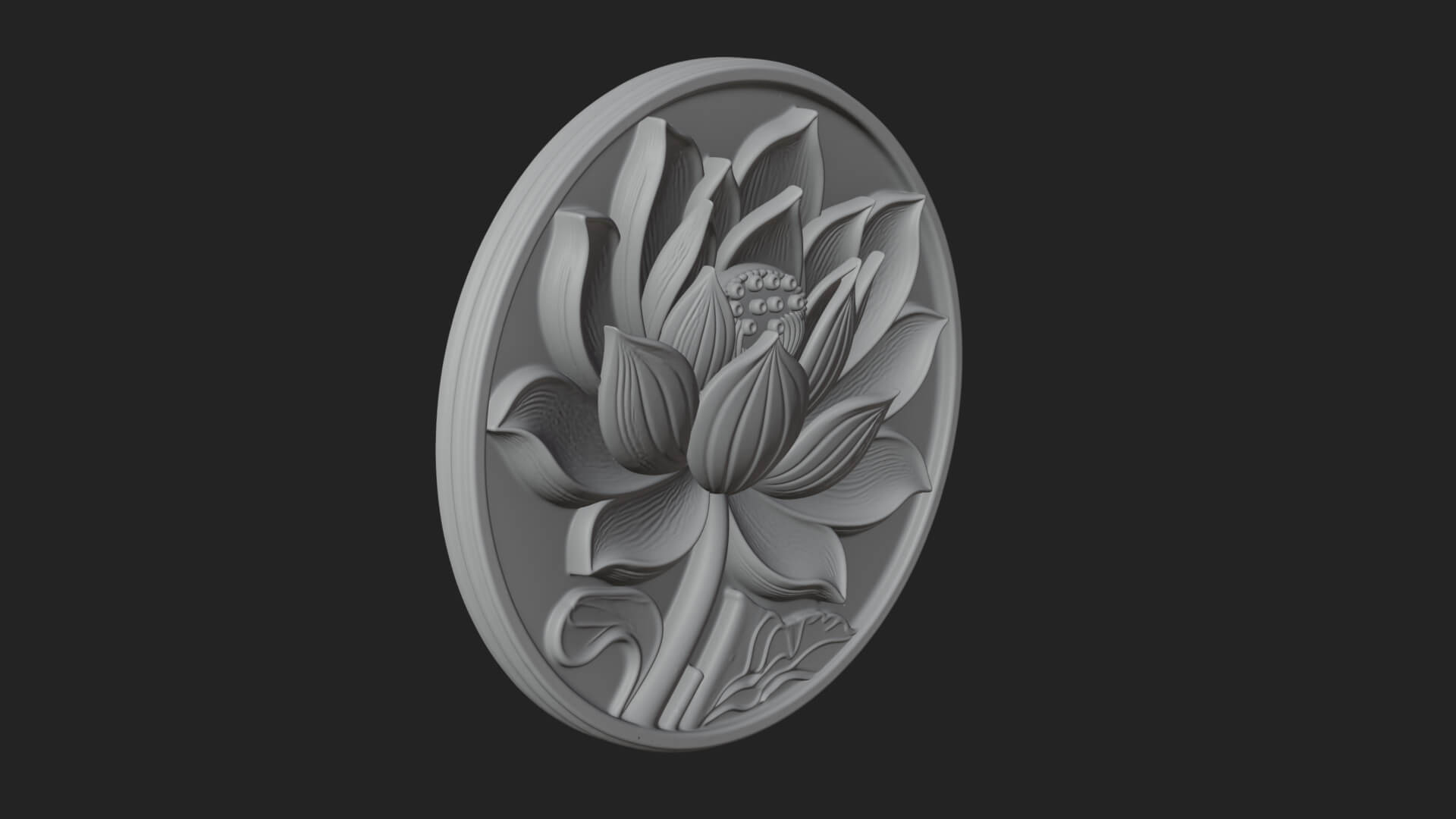 Lotus Bloom Oval Relief Plaque Design 11 3D Print Model 3D Model
