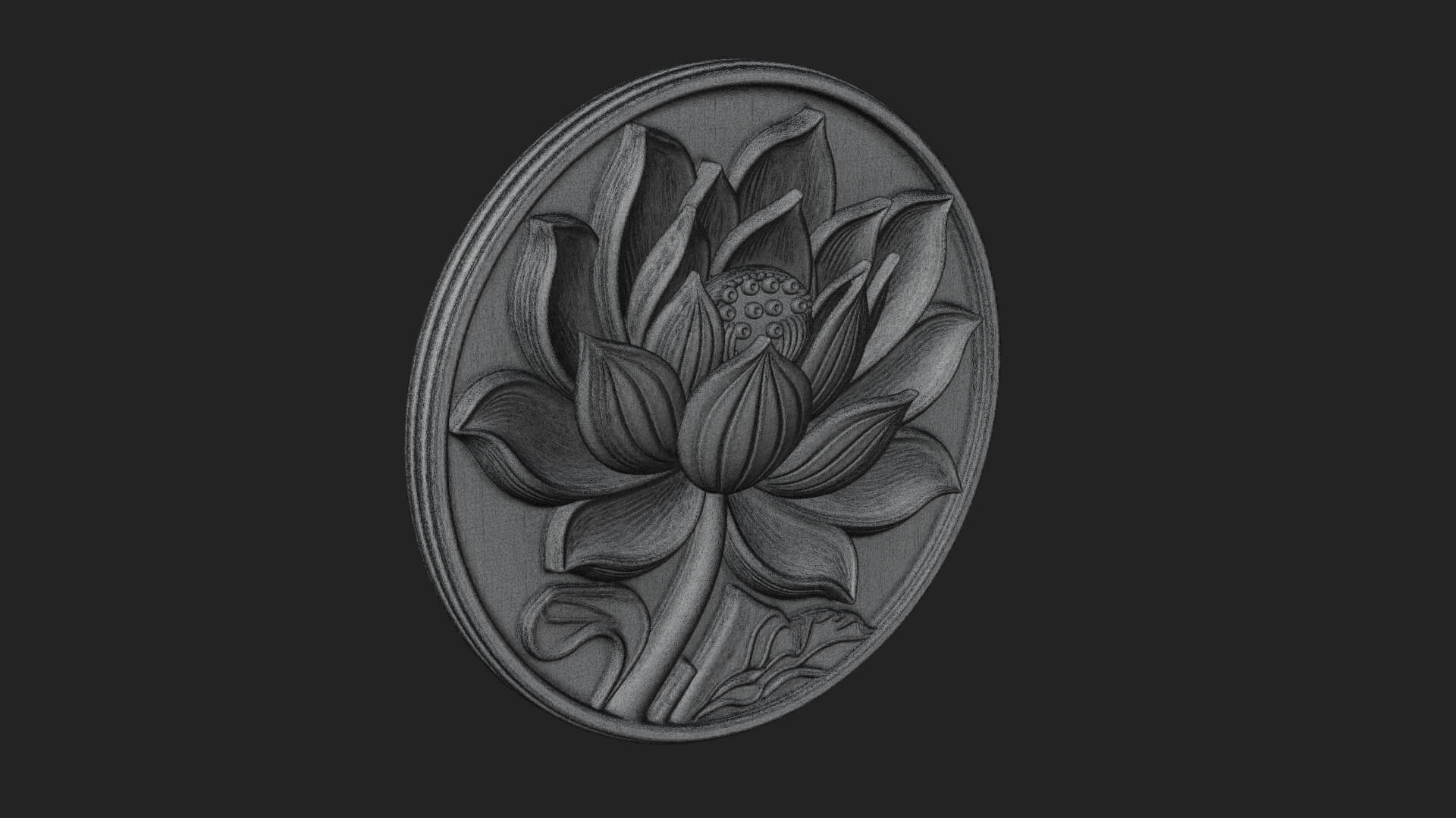 Lotus Bloom Oval Relief Plaque Design 11 3D Print Model 3D Model