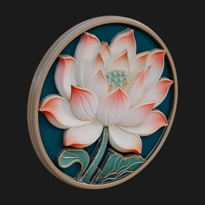 Lotus Bloom Oval Relief Plaque Design 11 3D Print Model