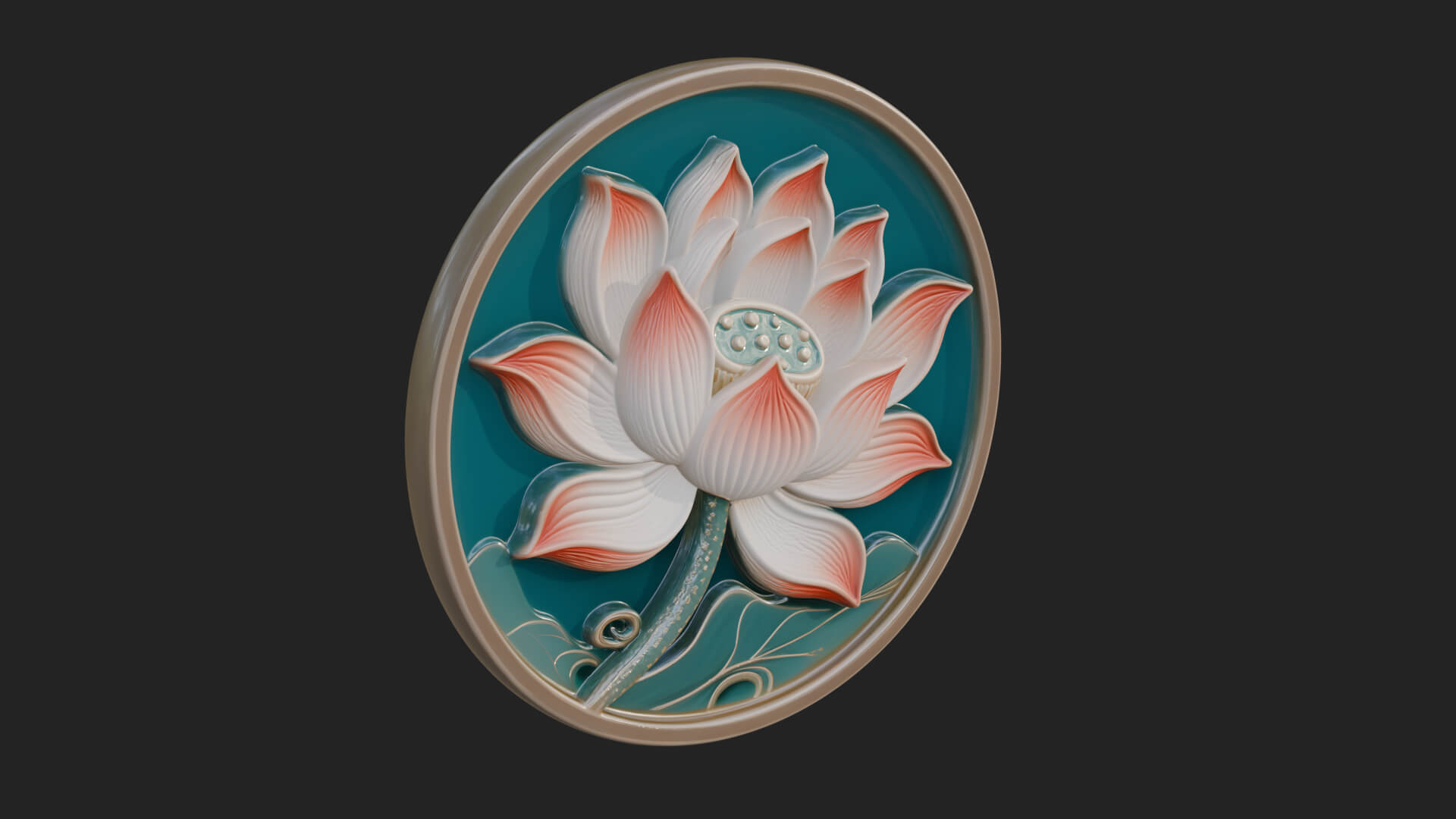 Lotus Bloom Oval Relief Plaque Design 9 3D Print Model 3D Model