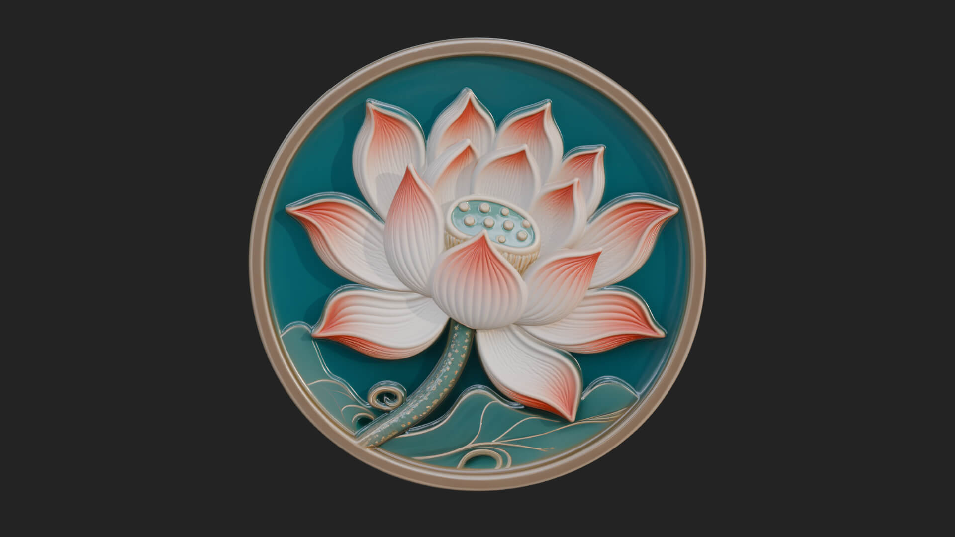 Lotus Bloom Oval Relief Plaque Design 9 3D Print Model 3D Model