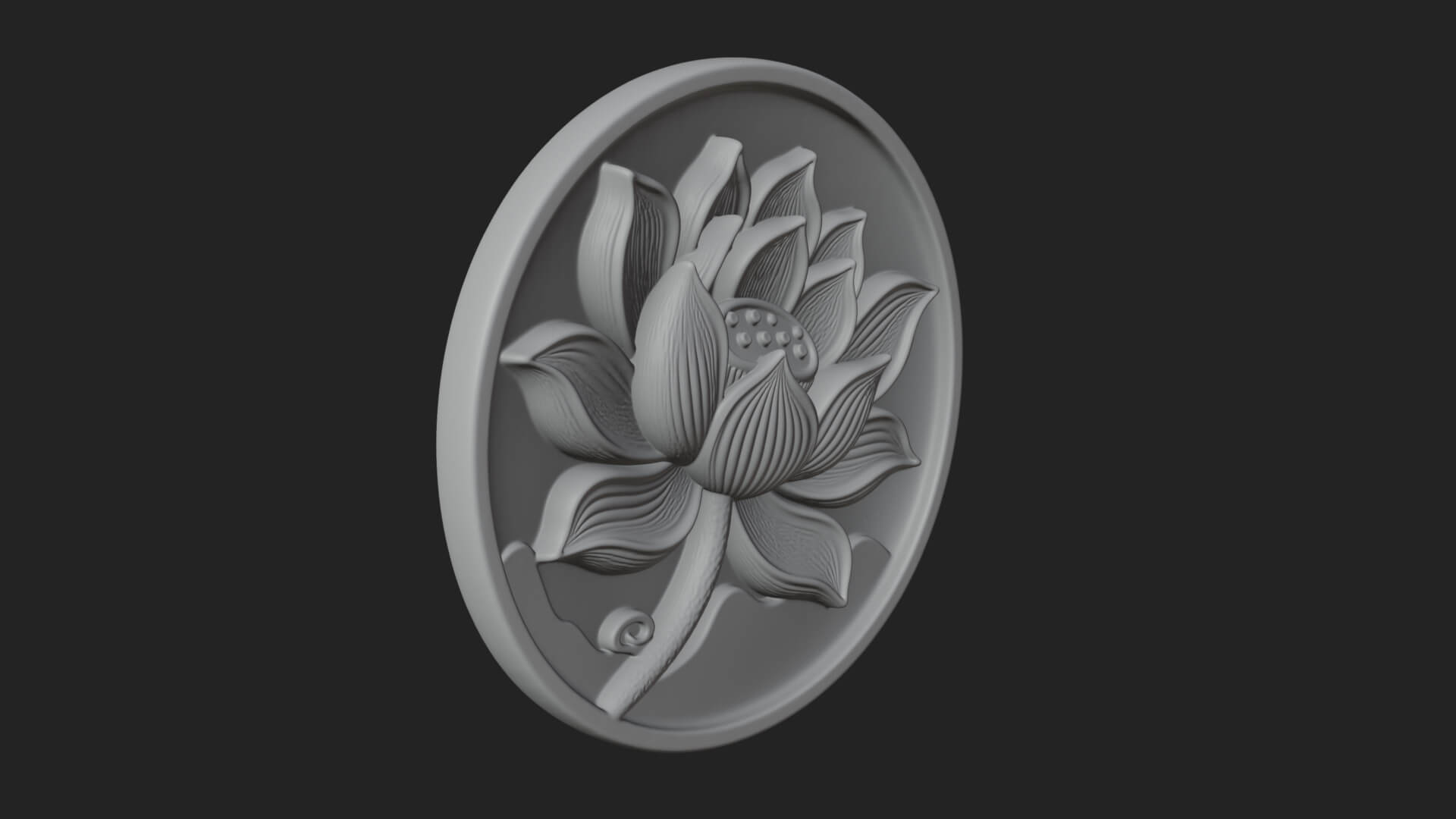 Lotus Bloom Oval Relief Plaque Design 9 3D Print Model 3D Model