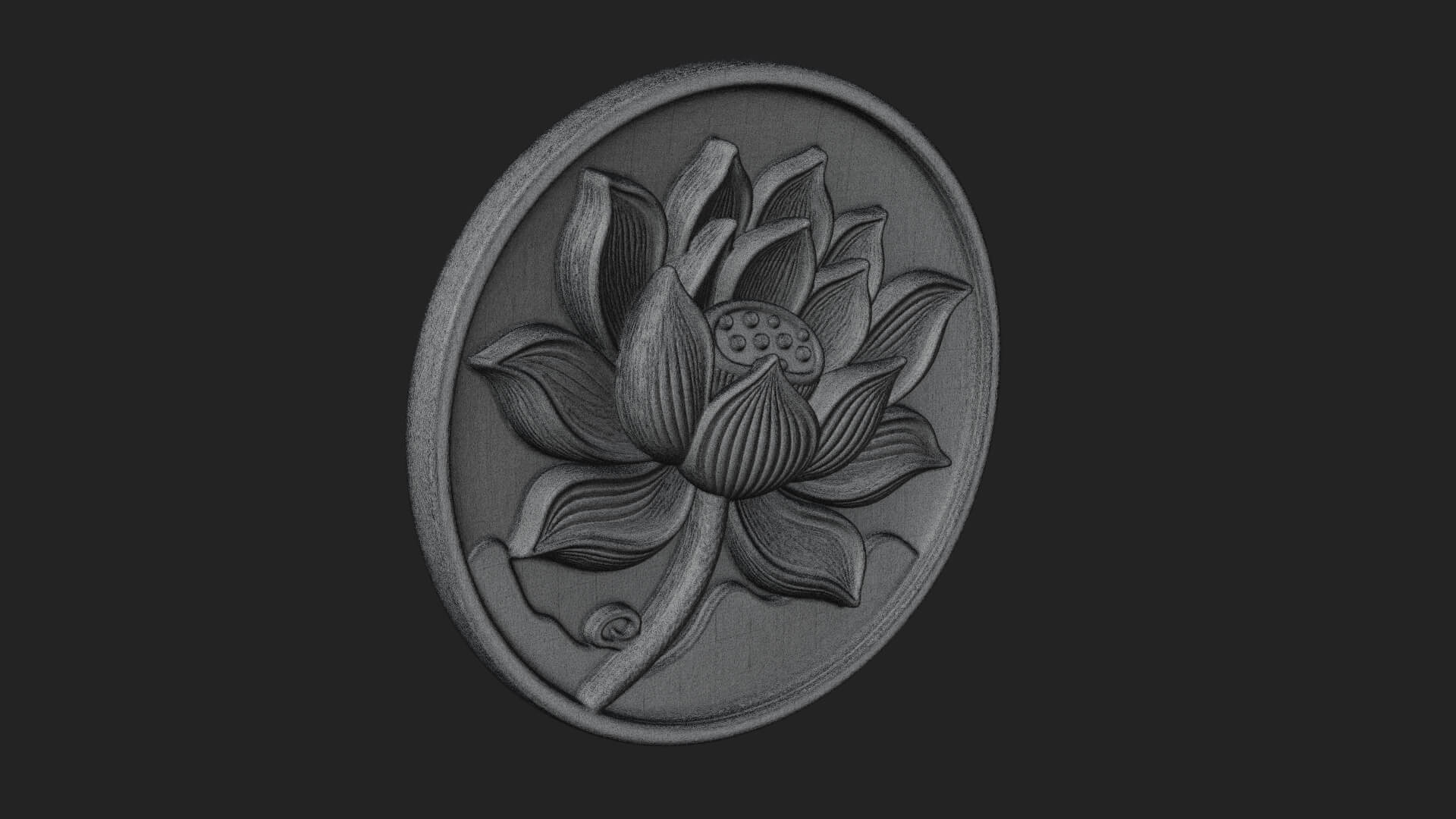 Lotus Bloom Oval Relief Plaque Design 9 3D Print Model 3D Model