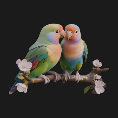 Lovebird Pair on Branch Statue Design 1 3D Print Model