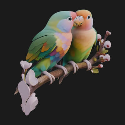 Lovebird Pair on Branch Statue Design 3 3D Print Model