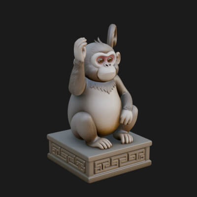 Monkey on Pedestal Statue Design 4 3D Print Model