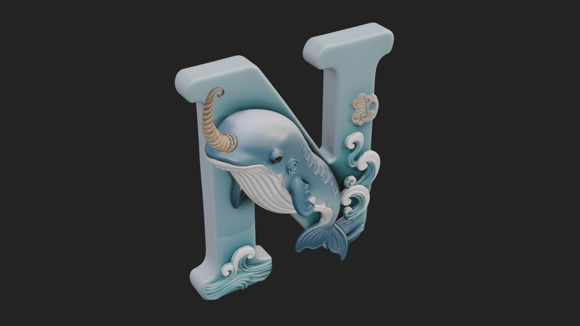 Narwhal Letter N Statue Design 1 3D Print Model 3D Model