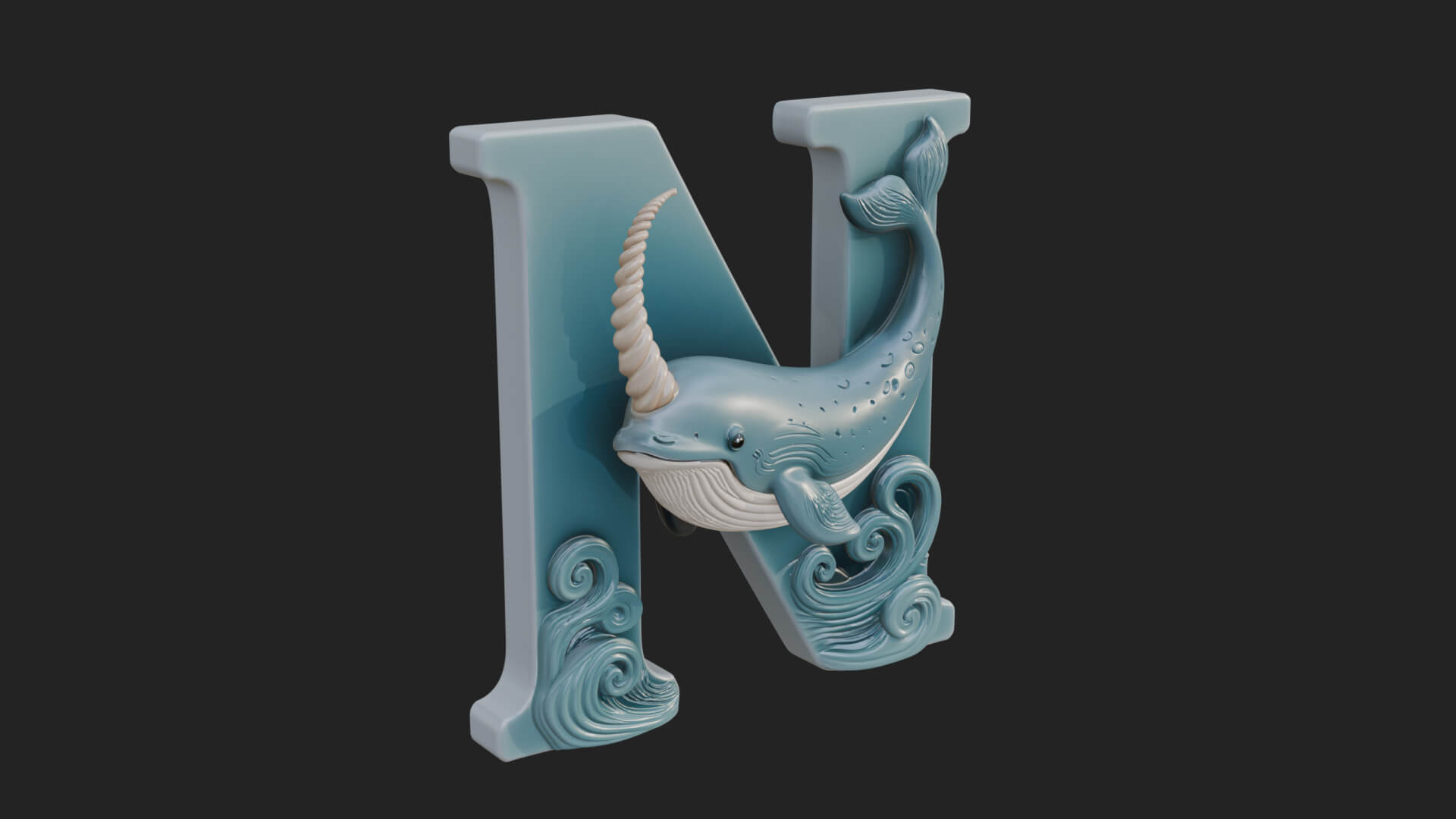 Narwhal Letter N Statue Design 2 3D Print Model 3D Model