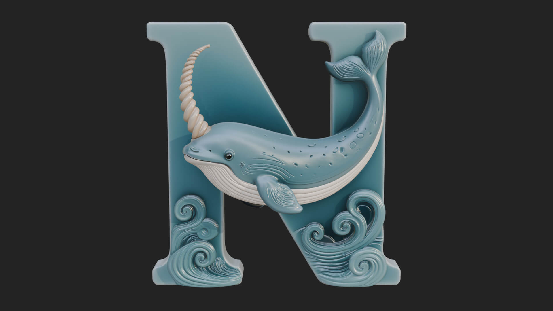 Narwhal Letter N Statue Design 2 3D Print Model 3D Model