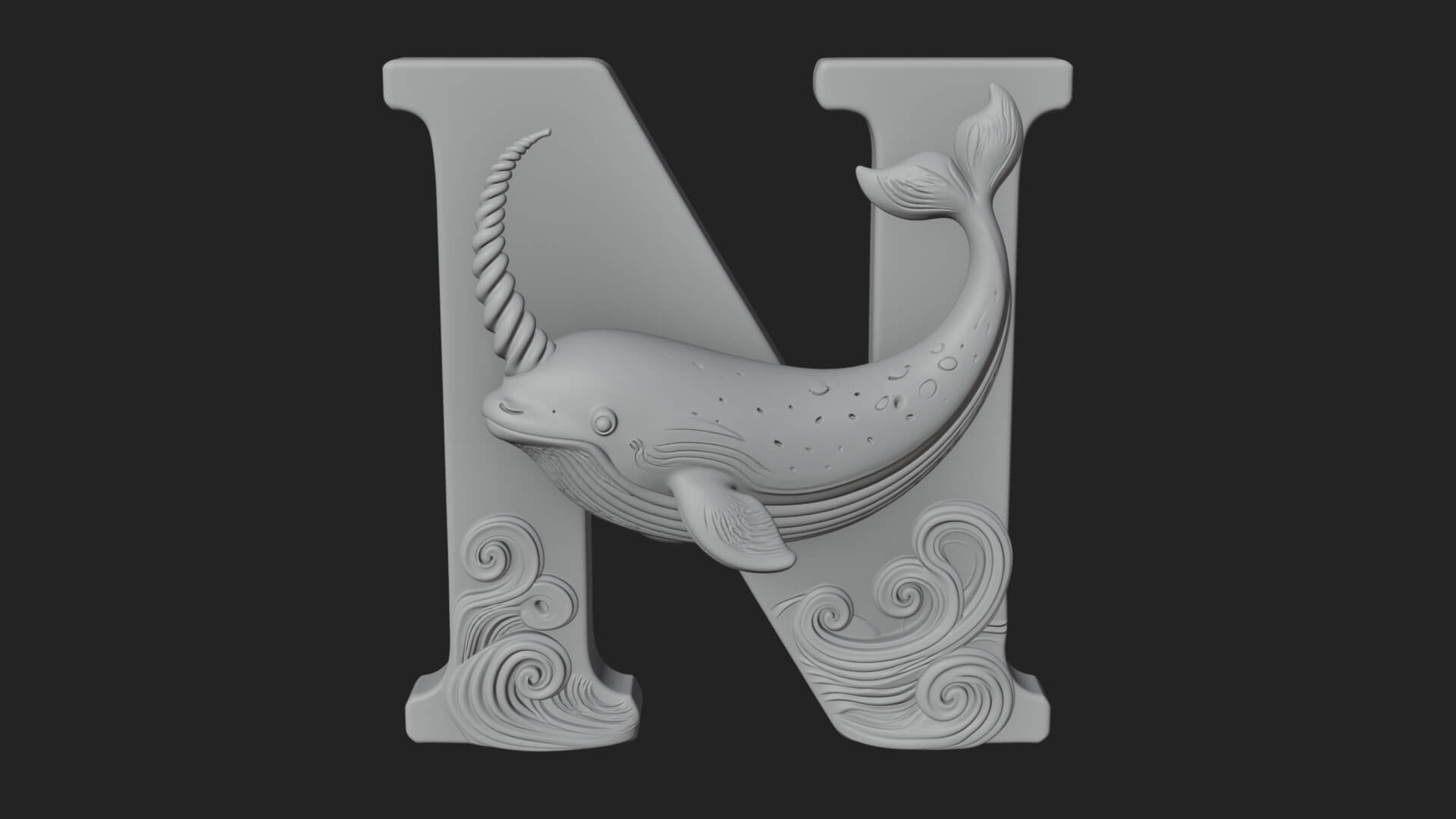 Narwhal Letter N Statue Design 2 3D Print Model 3D Model