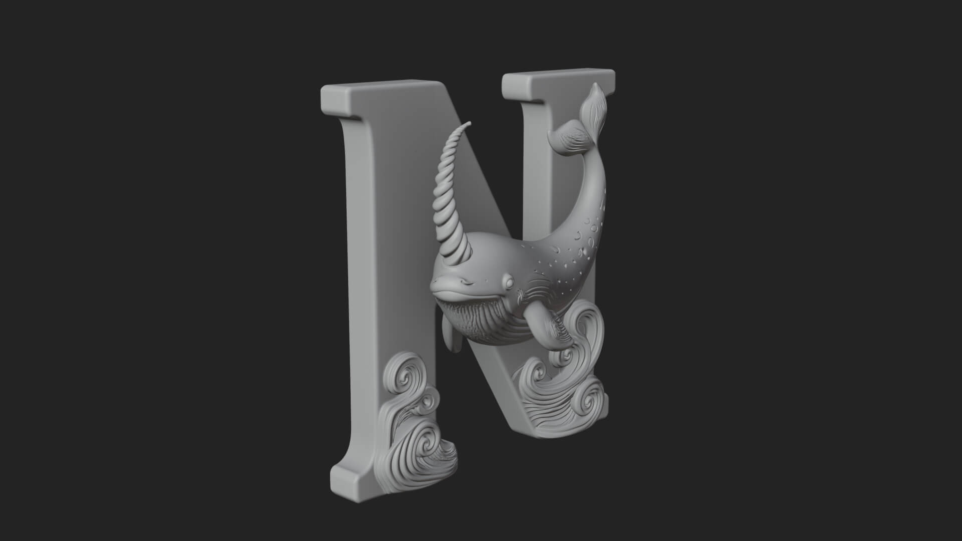 Narwhal Letter N Statue Design 2 3D Print Model 3D Model
