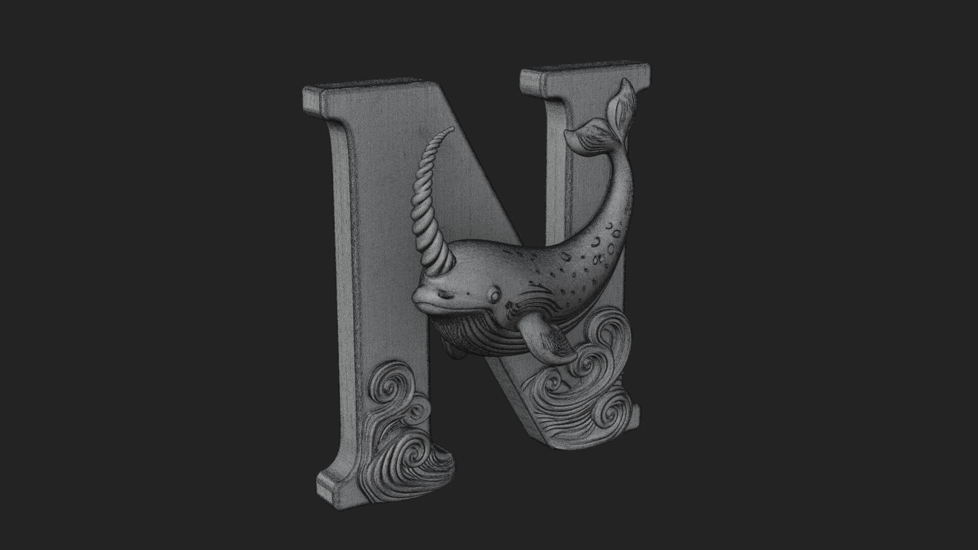 Narwhal Letter N Statue Design 2 3D Print Model 3D Model