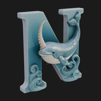 Narwhal Letter N Statue Design 2 3D Print Model