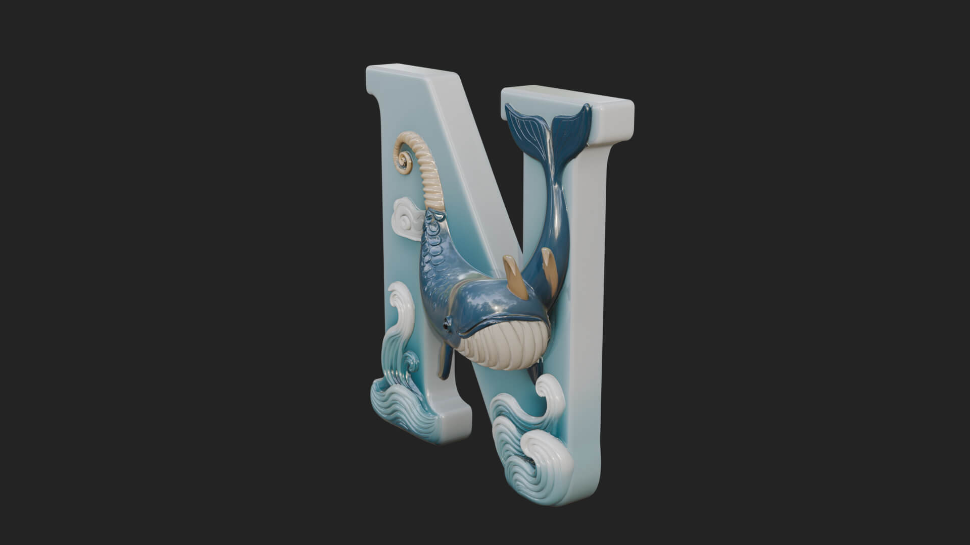 Narwhal Letter N Statue Design 4 3D Print Model 3D Model