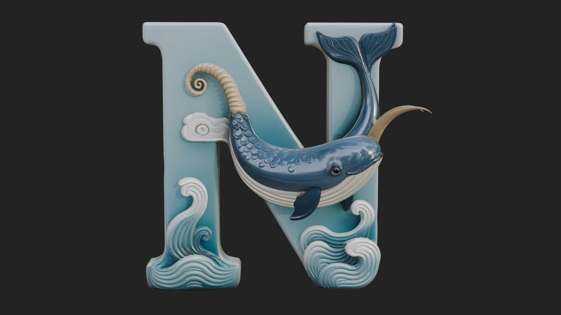 Narwhal Letter N Statue Design 4 3D Print Model 3D Model