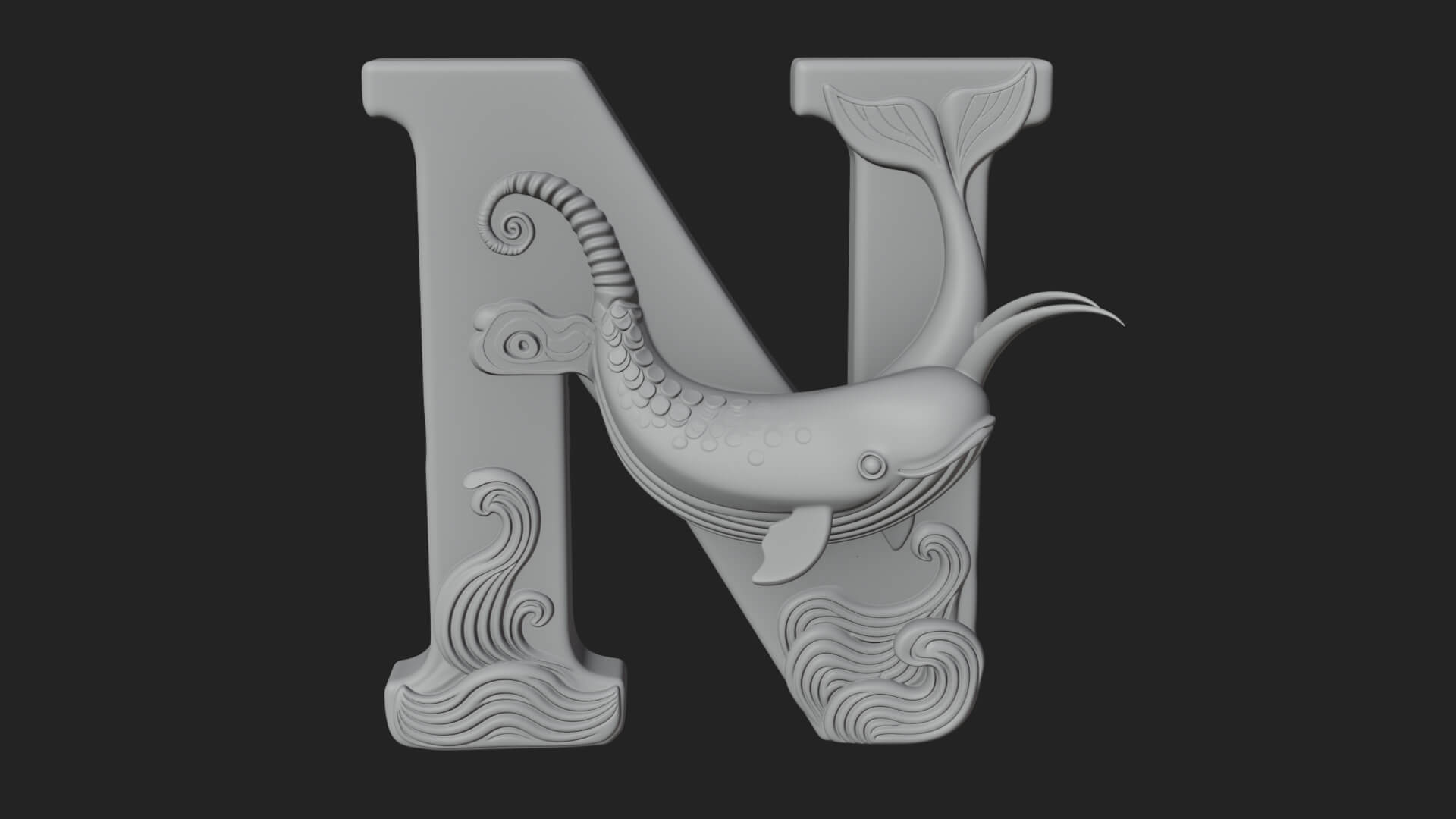 Narwhal Letter N Statue Design 4 3D Print Model 3D Model