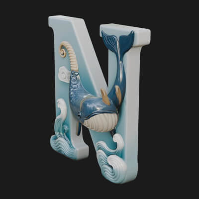 Narwhal Letter N Statue Design 4 3D Print Model