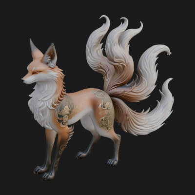 Nine-Tailed Fox Statue Design 4 3D Print Model