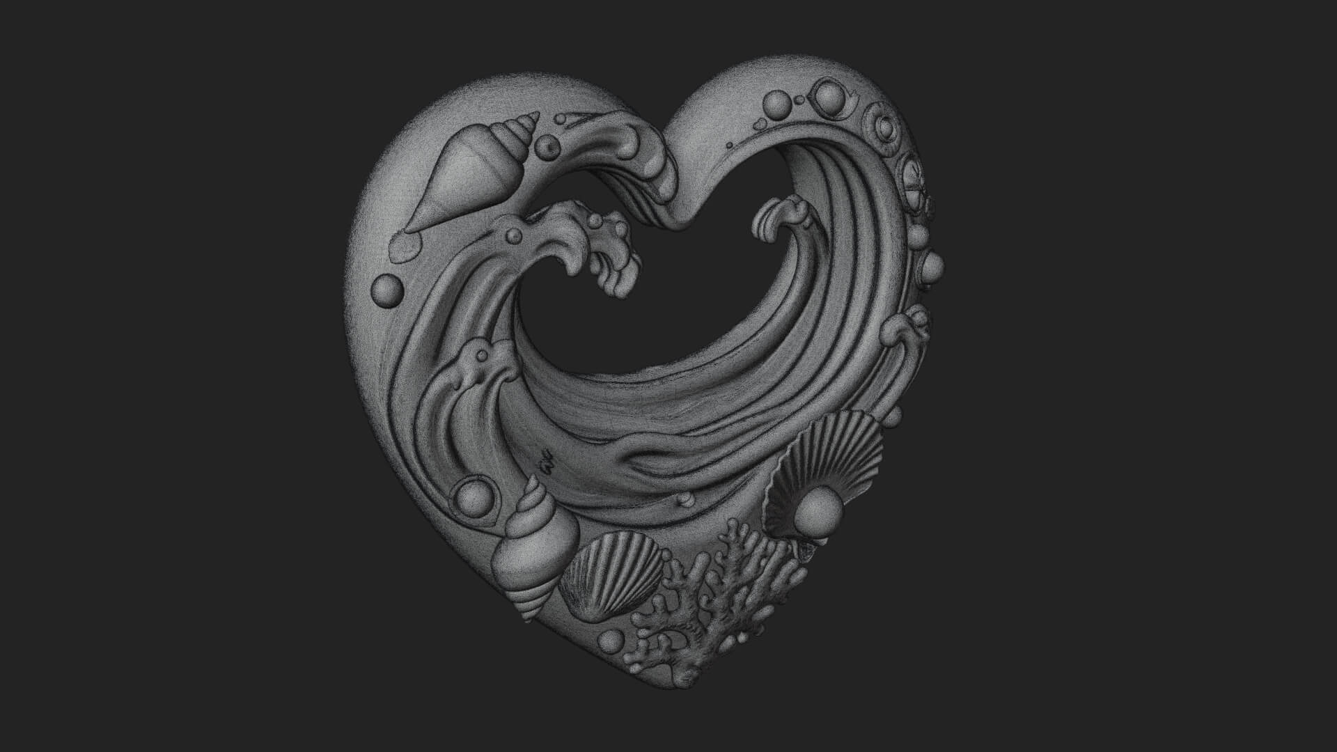 Ocean Wave Shell Heart Plaque Design 1 3d Print Model 3D Model