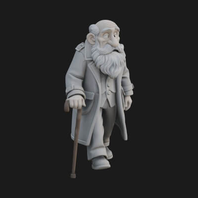 Old Man with Cane Statue Design 2 3D Print Model