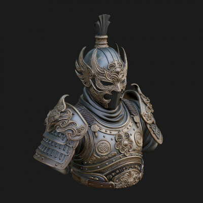 Ornate Asian Armor Bust Statue Design 1 3D Print Model