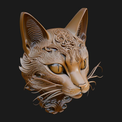 Ornate Carved Cat Bust Statue Design 1 3D Print Model