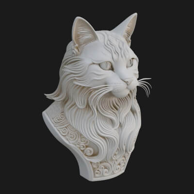 Ornate Carved Cat Bust Statue Design 2 3D Print Model