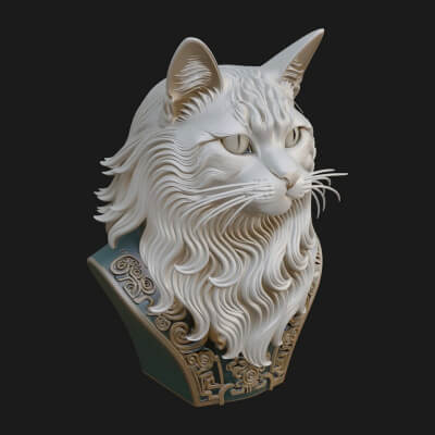 Ornate Carved Cat Bust Statue Design 3 3D Print Model