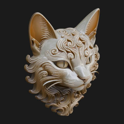 Ornate Carved Cat Bust Statue Design 5 3D Print Model