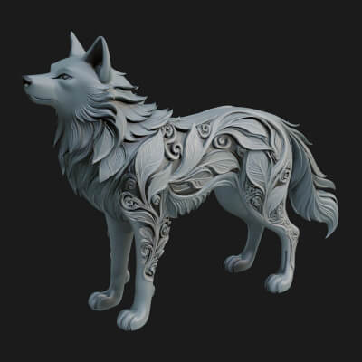 Ornate Carved Wolf Statue Design 5 3D Print Model