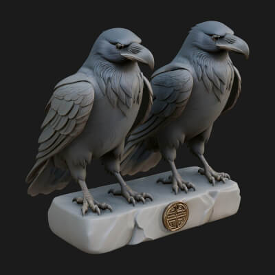 Pair of Norse Ravens Statue Design 2 3D Print Model