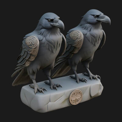 Pair of Norse Ravens Statue Design 3 3D Print Model