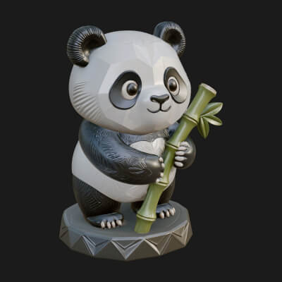 Panda with Bamboo Stalk Statue Design 3 3D Print Model