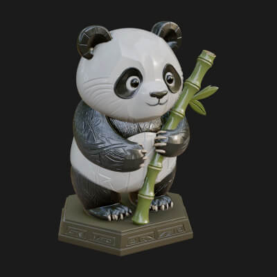 Panda with Bamboo Stalk Statue Design 4 3D Print Model