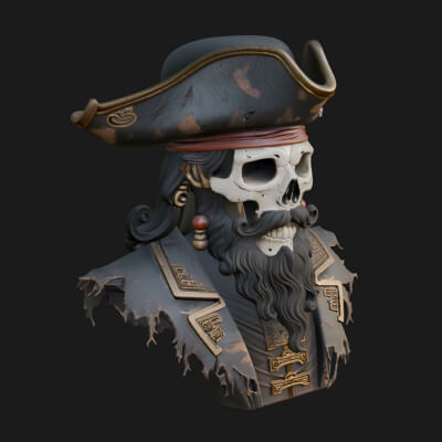Pirate Skull in Tricorn Bust Statue Design 12 3D Print