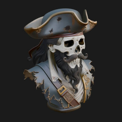 Pirate Skull in Tricorn Bust Statue Design 3 3D Print