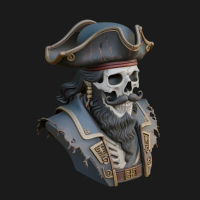 Pirate Skull in Tricorn Bust Statue Design 5 3D Print