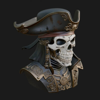 Pirate Skull in Tricorn Bust Statue Design 8 3D Print